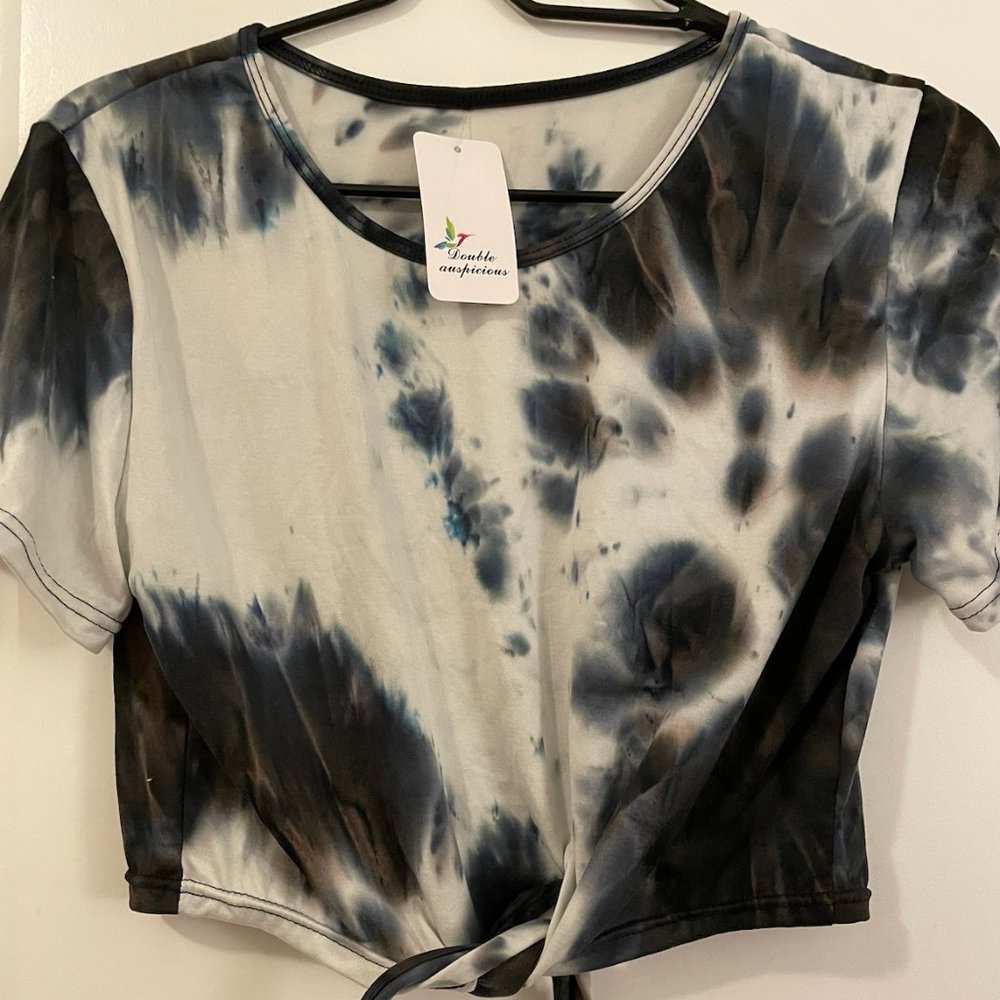 Black/White/Navy Tie Dye Top, M